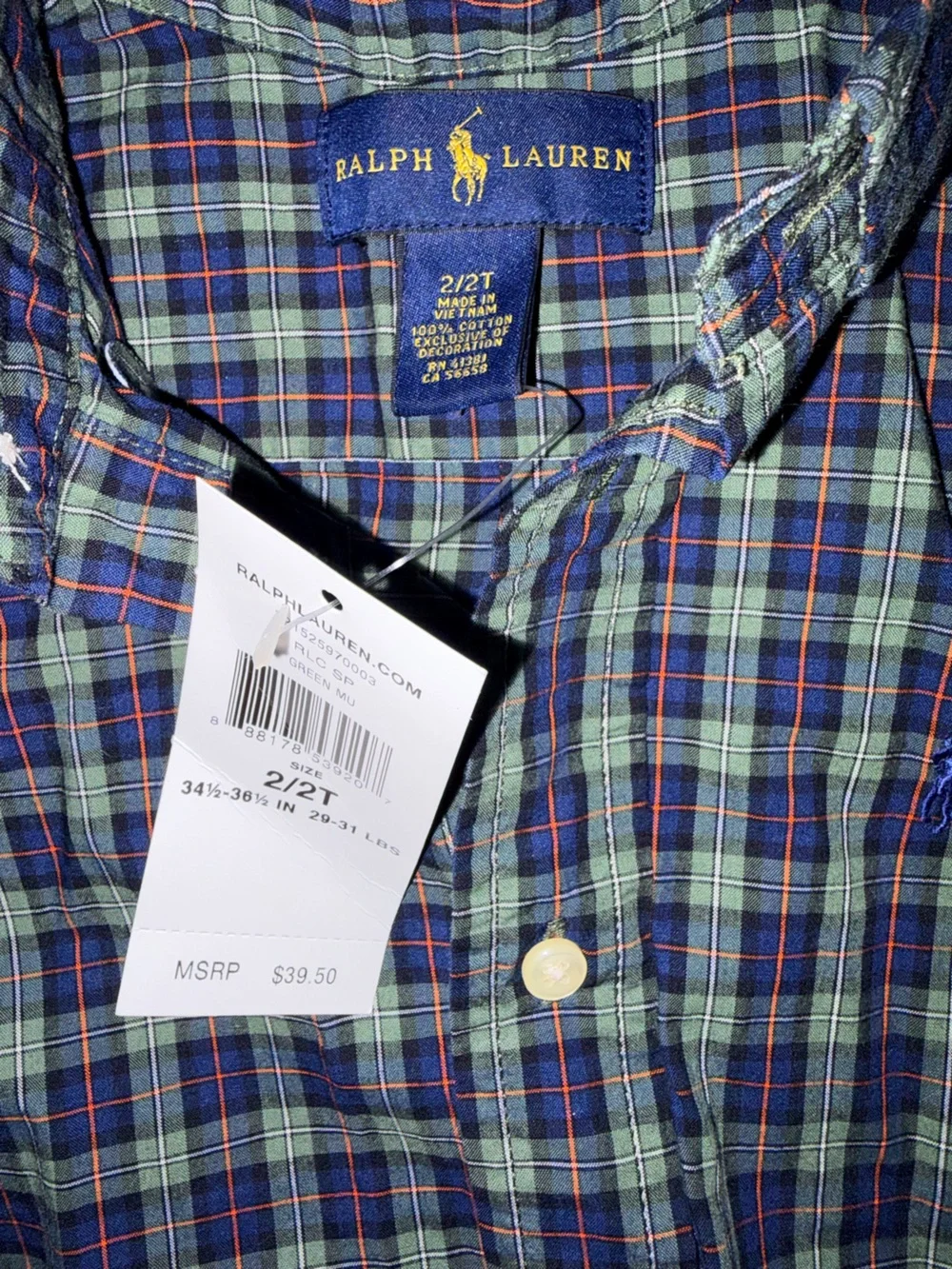 NWT! Ralph Lauren Navy & Green Plaid Button-Down Shirt